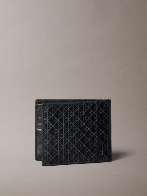Black Allover Emblem Logo Bifold Wallet with Coin Pouch  Men