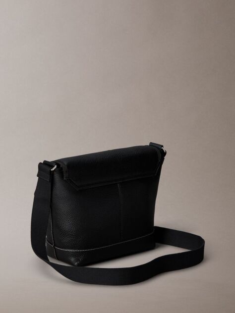 Black Pebbled Signature Logo Messenger Bag  Men