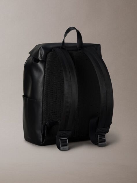 Black Emblem Logo Saffiano Flap Backpack  Men