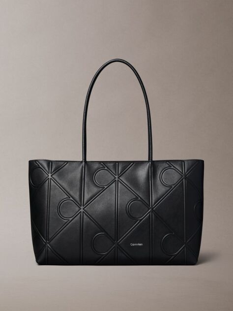 Black Embossed Allover Monogram Logo Tote Bag  Women