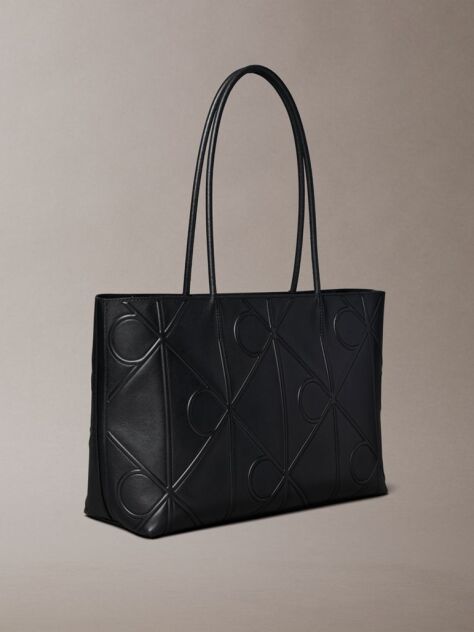 Black Embossed Allover Monogram Logo Tote Bag  Women