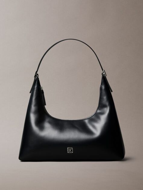 Black Monogram Logo Emblem Leather Shoulder Bag  Women