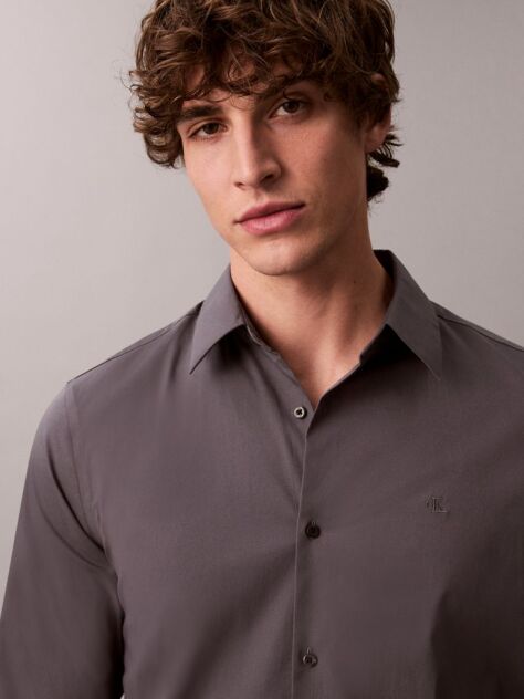 Grey Slim Stretch Button-Down Shirt  Men