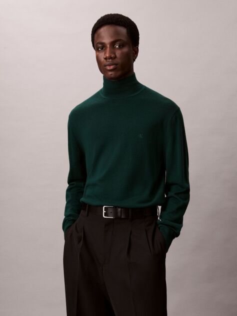 Green Merino Wool Mock Neck Jumper  Men
