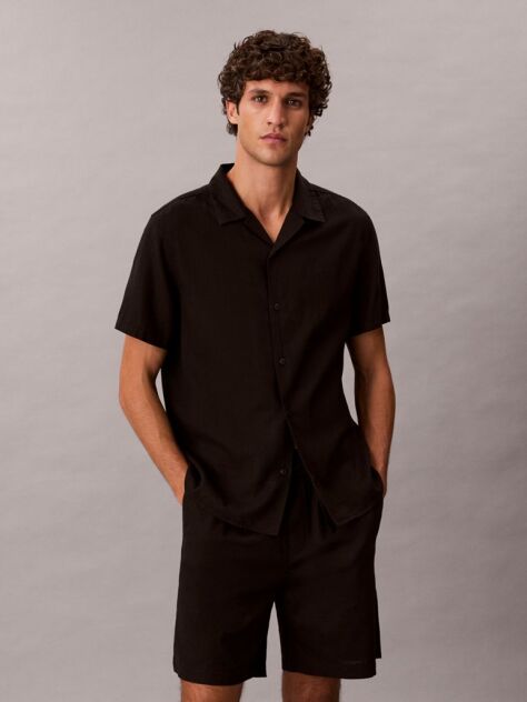 Black Linen Blend Short Sleeve Shirt  Men