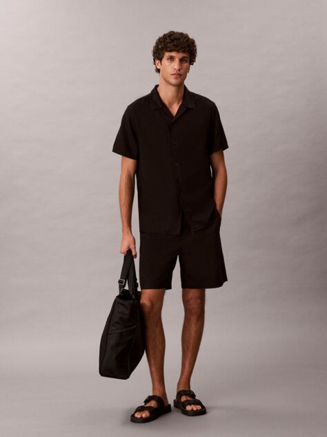 Black Linen Blend Short Sleeve Shirt  Men
