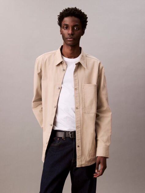Beige Washed Cotton Canvas Shirt  Men
