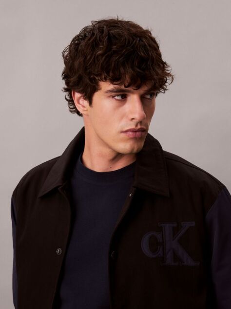 Black Nylon Cotton Varsity Bomber Jacket  Men