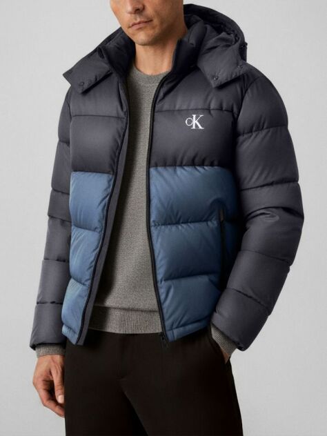 Black Colour Block Nylon Puffer Jacket  Men