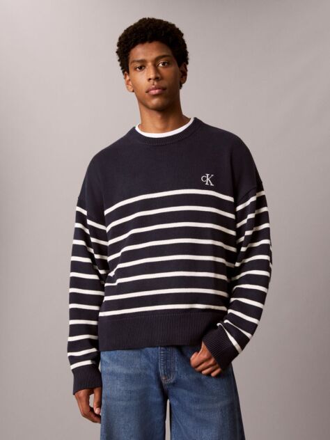Blue Relaxed Cotton Stripe Jumper  Men