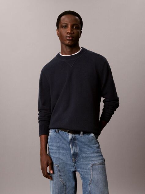 Blue Merino Wool Crew Neck Jumper  Men