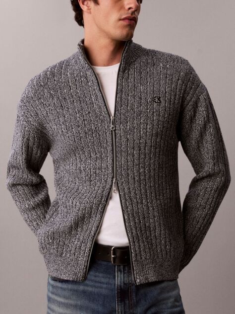 Grey Heathered Cotton Zip Cardigan  Men