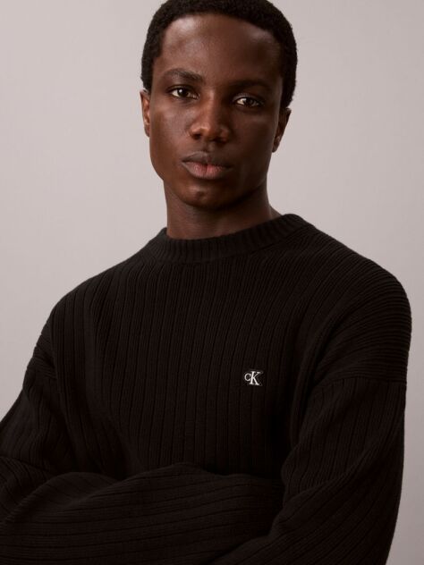 Black Cotton Ribbed Jumper  Men