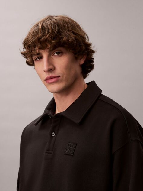 Black Heavy Jersey Logo Long Sleeve Polo Shirt  Men