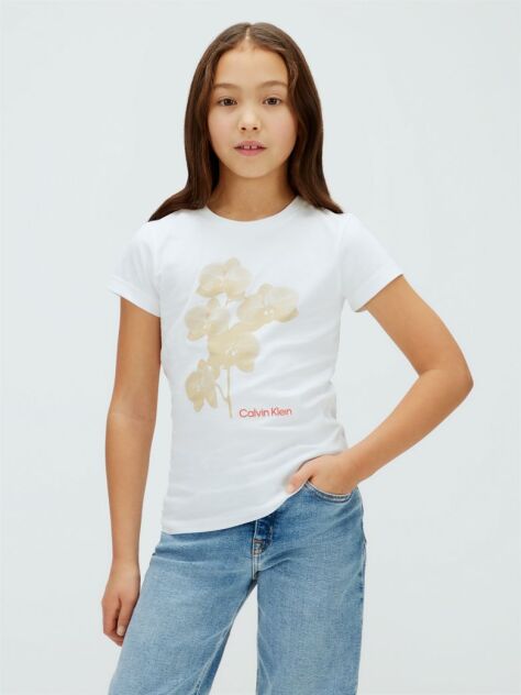 Λευκό T-Shirt Με Φλοράλ Σχέδιο Και Στενή Γραμμή  Κορίτσι