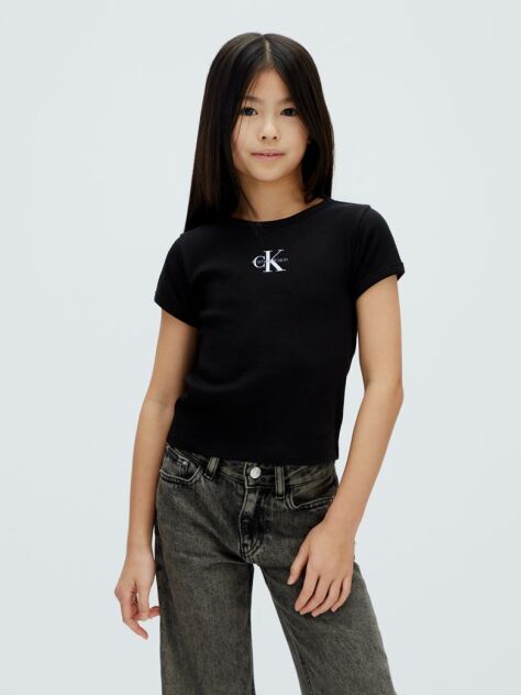 Black Ribbed Logo Tee  Girls