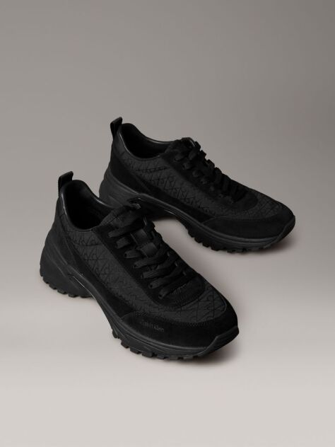Black Suede and Emblem Logo Nylon Trainers  Men