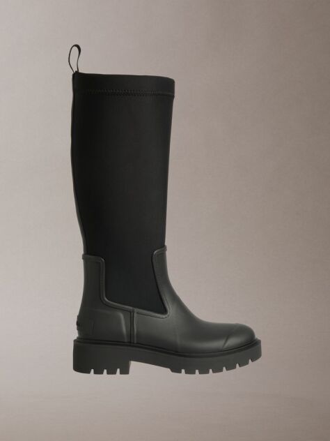 Black Tall Heeled Flexible Lug Sole Rainboots  Women
