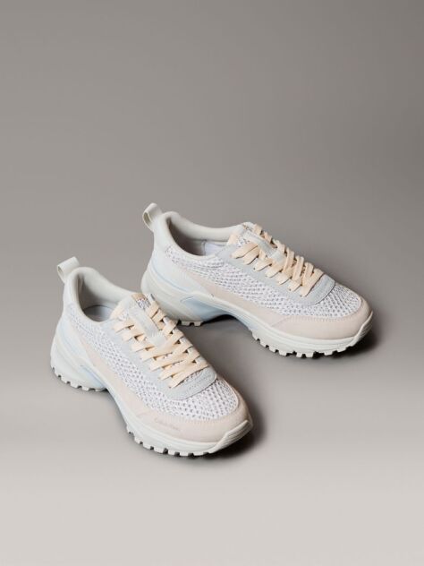 White Lace-Up Technical Trainers With Mixed Textures  Women