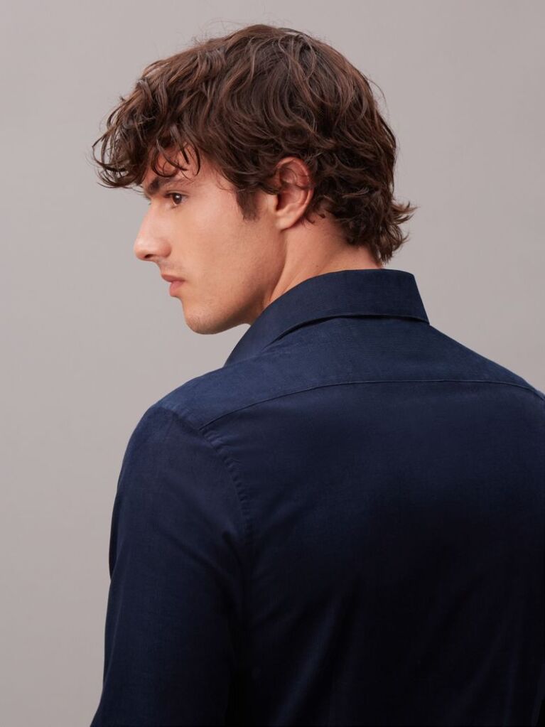 Blue Slim Fit Cutaway Collar Corduroy Shirt  Men