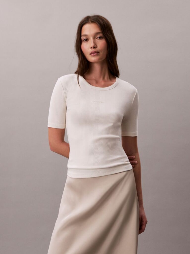 White Ribbed Half Sleeve T-Shirt  Women