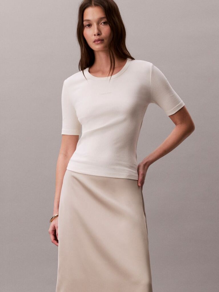 White Ribbed Half Sleeve T-Shirt  Women