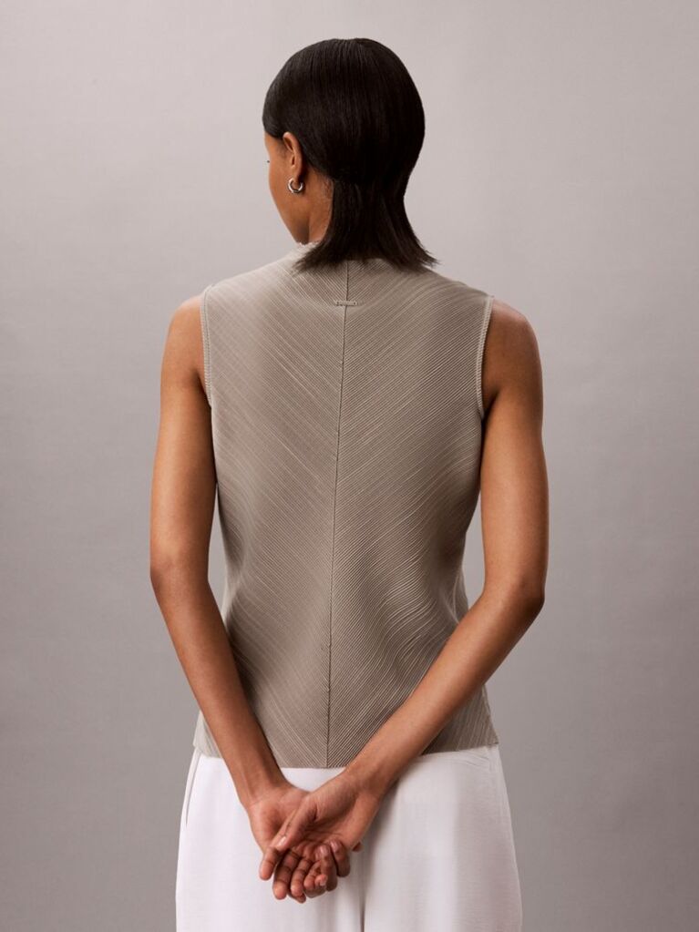 Brown Plissé Mock Neck Sleeveless Top  Women