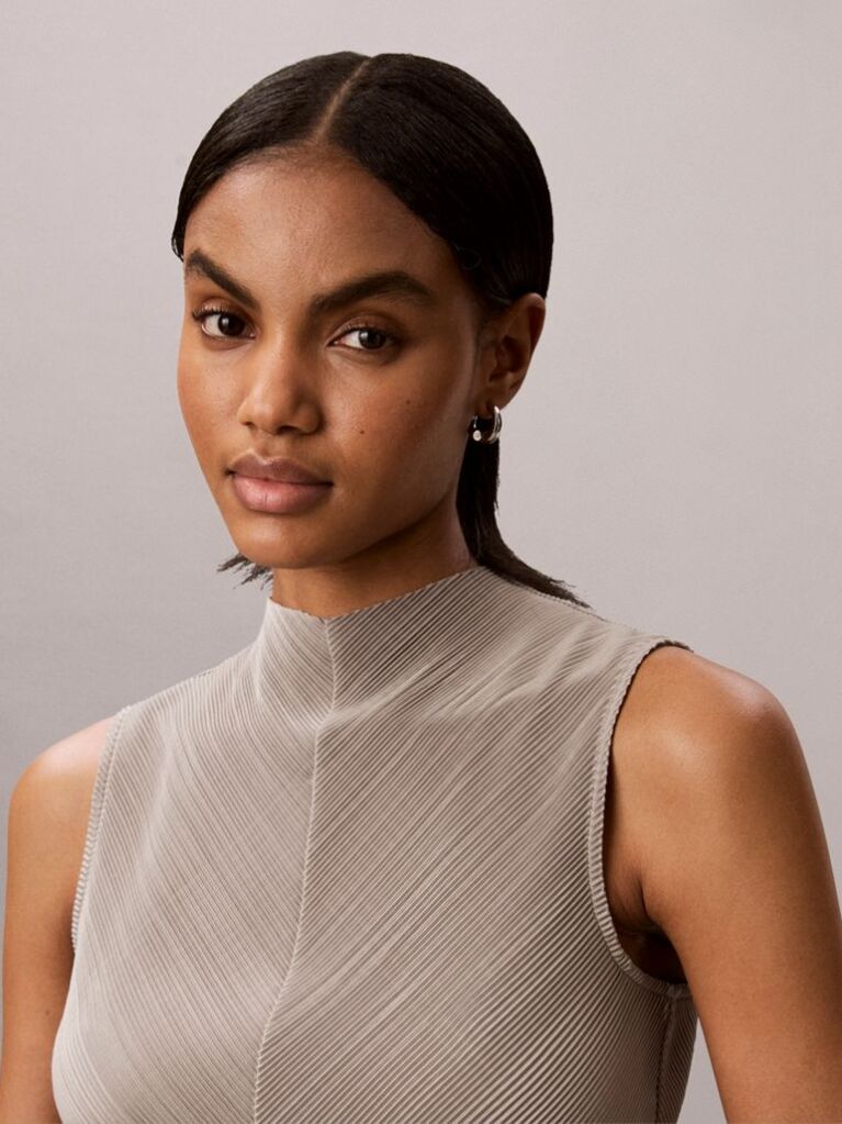 Brown Plissé Mock Neck Sleeveless Top  Women