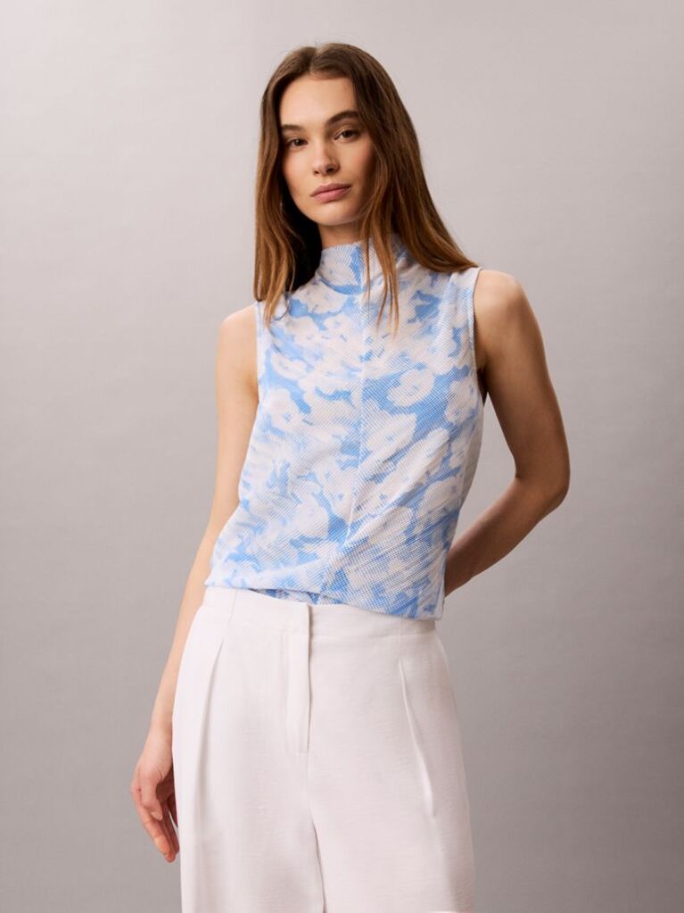 Multi Printed Plisse Mock Neck Sleeveless Top  Women