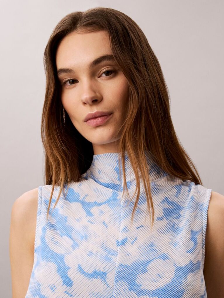 Multi Printed Plisse Mock Neck Sleeveless Top  Women