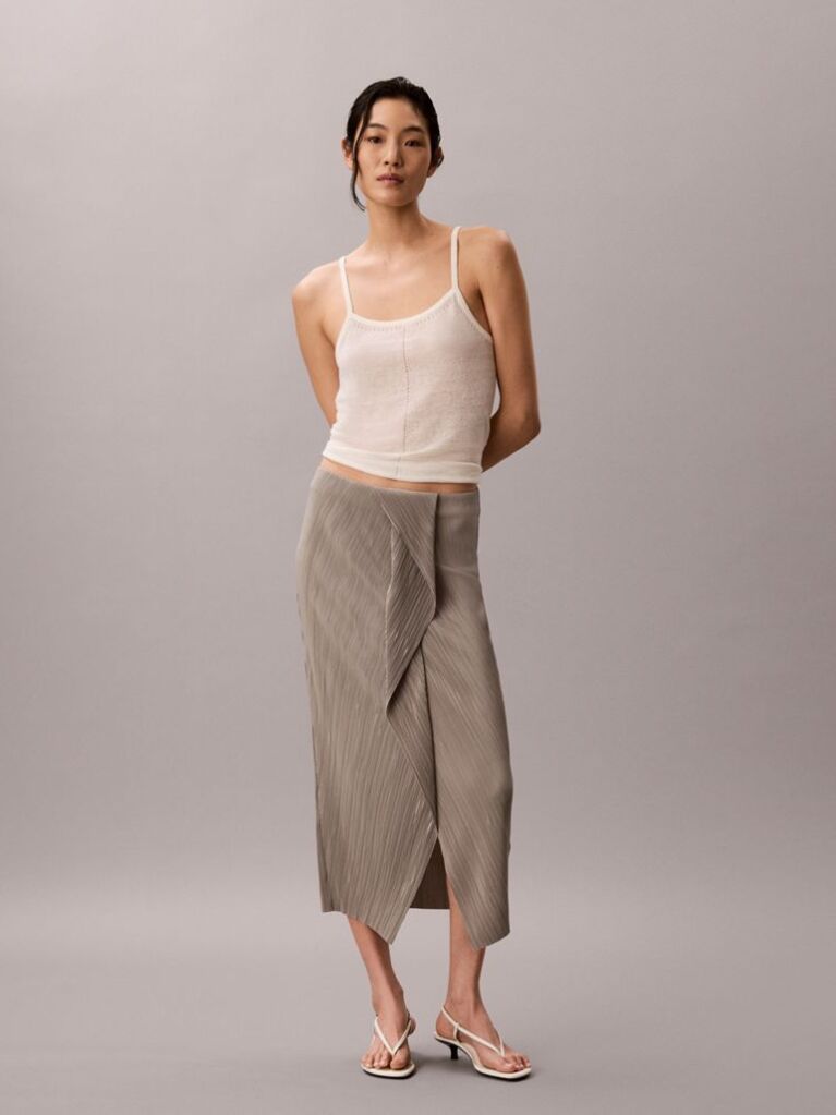 Brown Draped Plissé Midi Skirt  Women