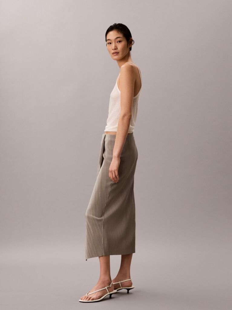Brown Draped Plissé Midi Skirt  Women
