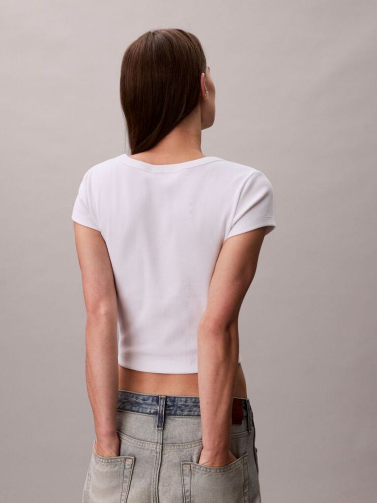 White Slim Ribbed Cotton Badge T-shirt  Women