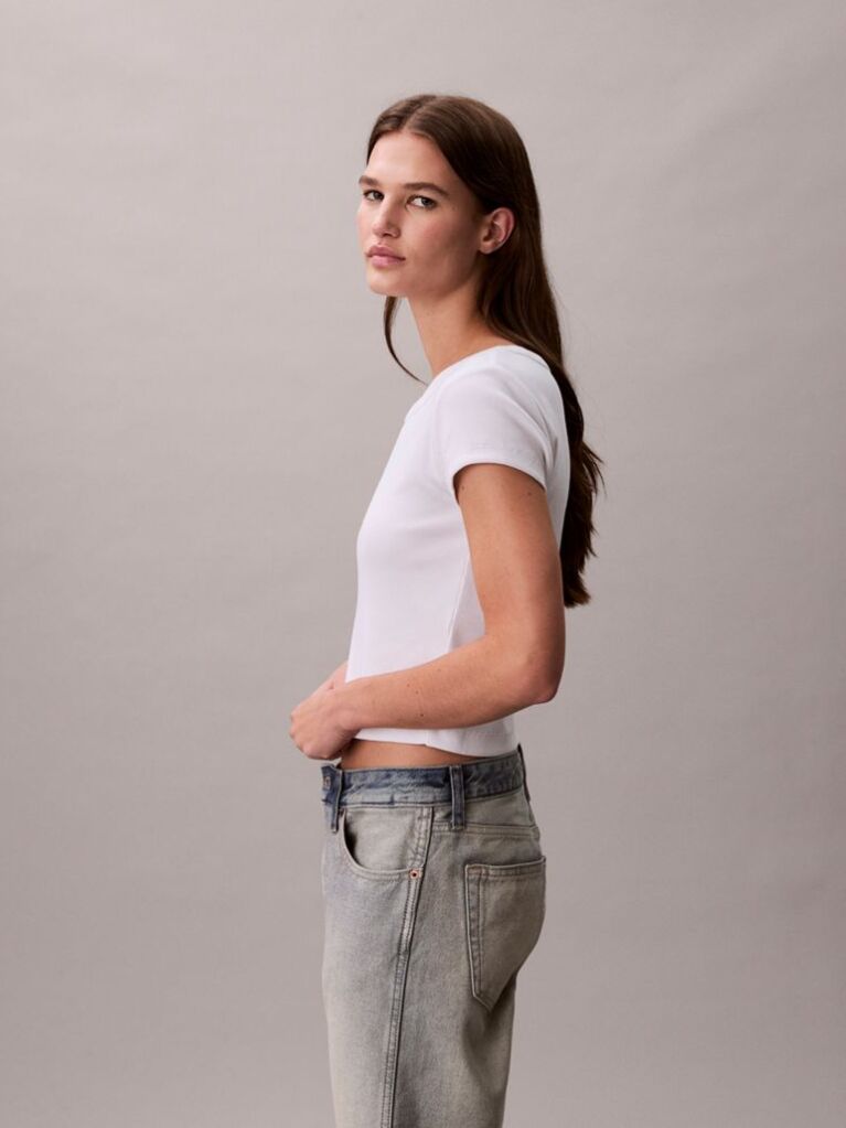 White Slim Ribbed Cotton Badge T-shirt  Women
