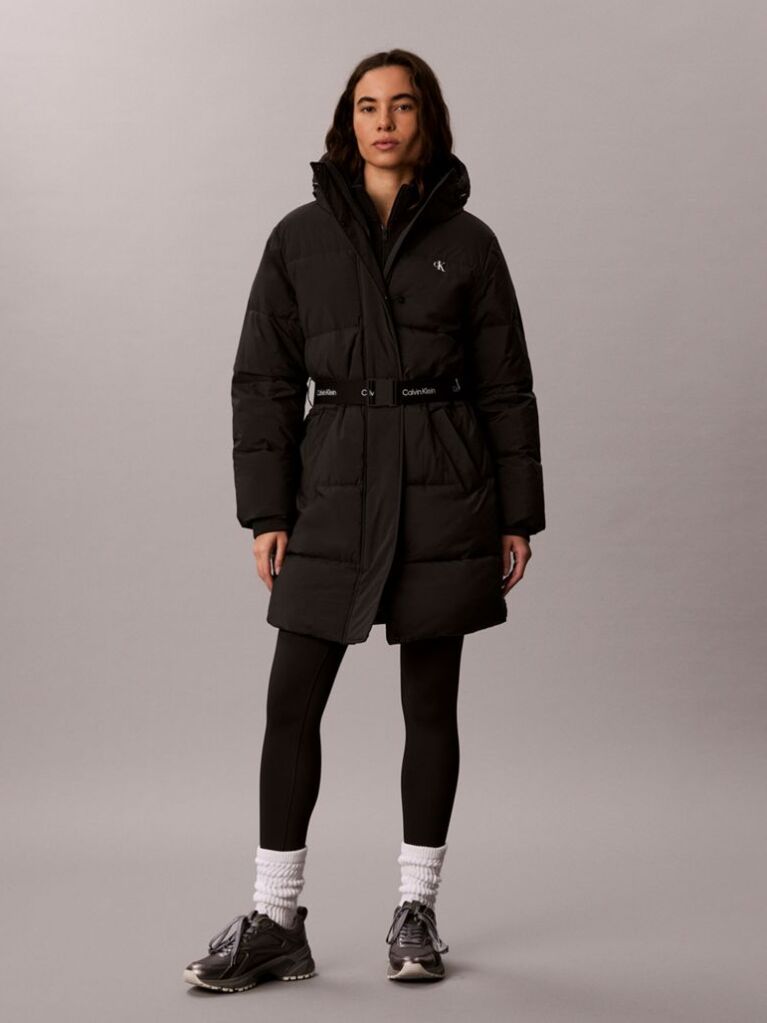 Black Logo Belt Hooded Puffer Coat  Women