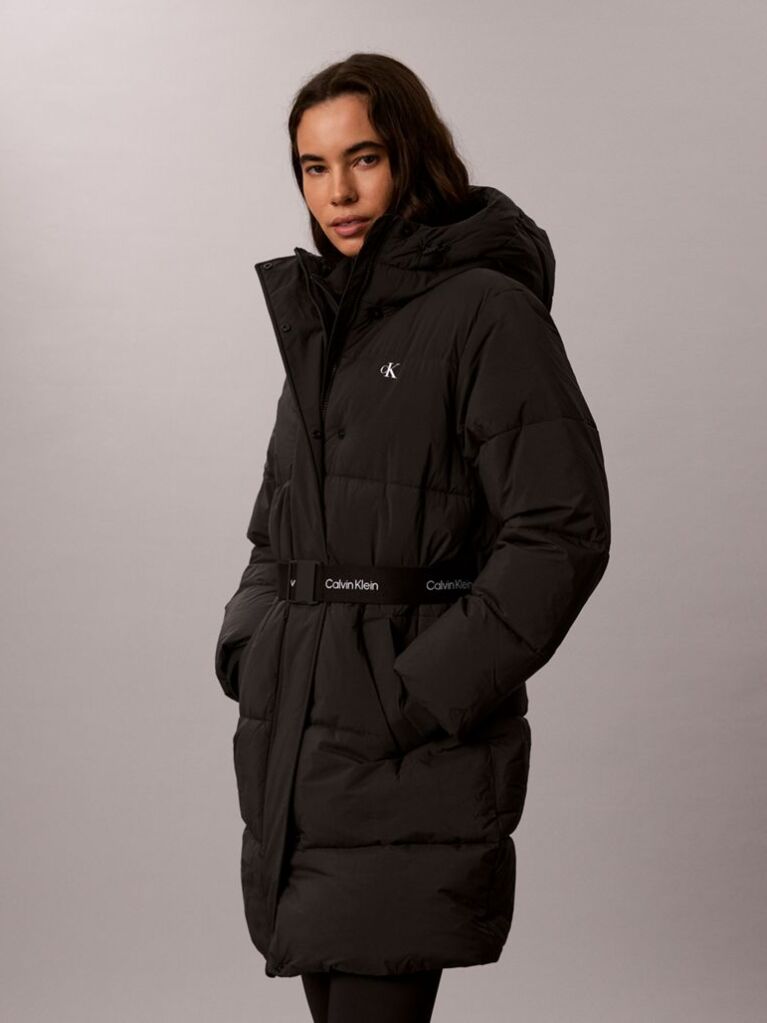 Black Logo Belt Hooded Puffer Coat  Women