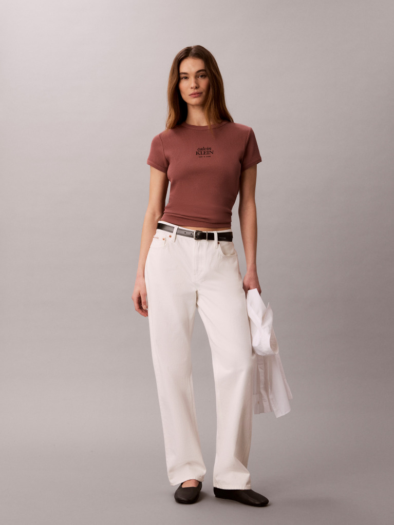 Brown Slim Ribbed Cotton Logo T-shirt  Women