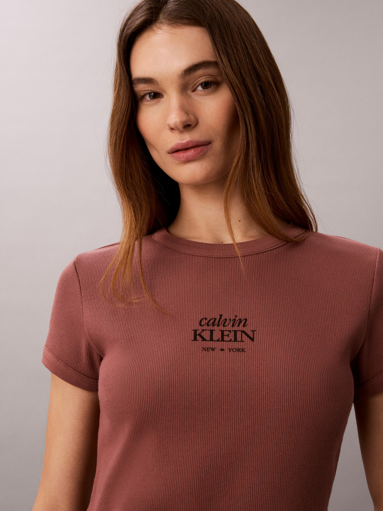 Brown Slim Ribbed Cotton Logo T-shirt  Women
