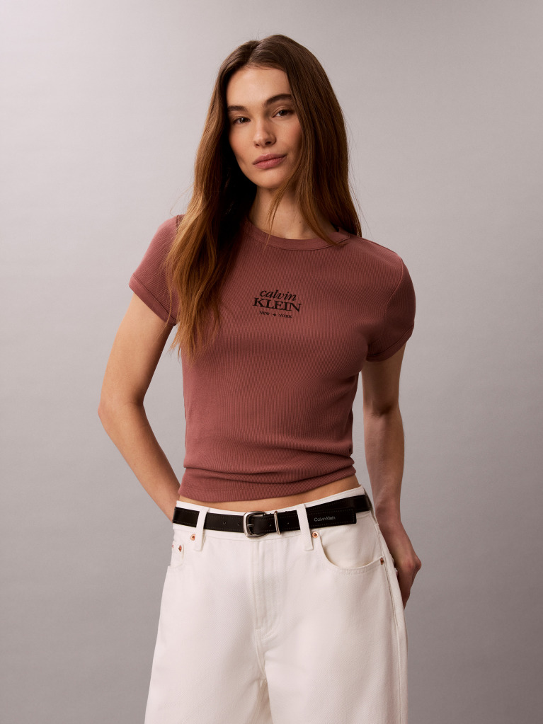 Brown Slim Ribbed Cotton Logo T-shirt  Women
