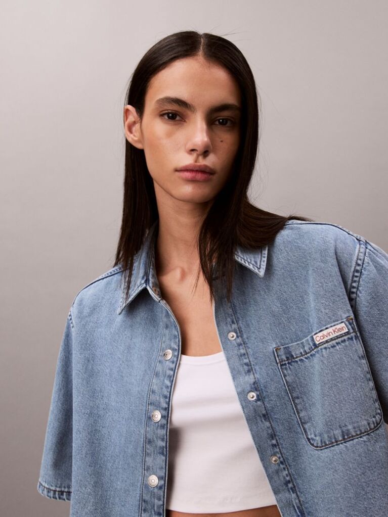 Blue Boxy Cropped Denim Shirt Vintage  Women