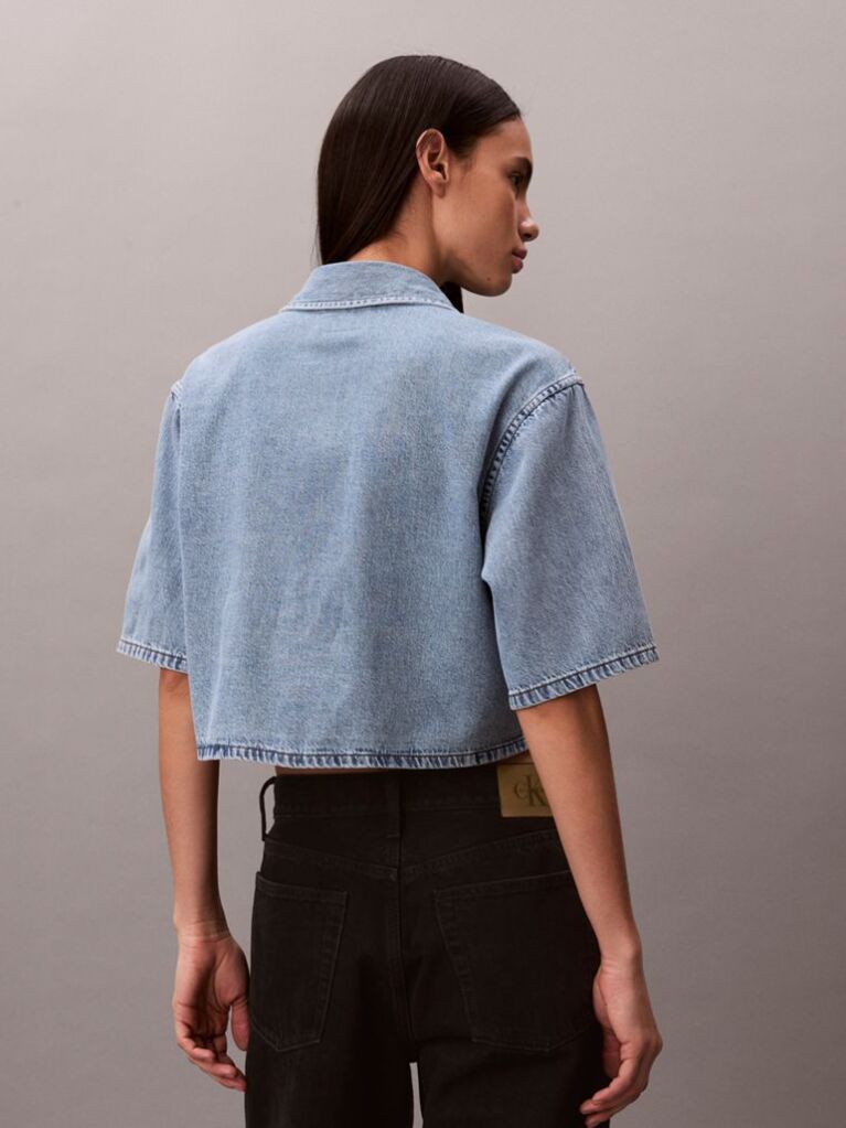 Blue Boxy Cropped Denim Shirt Vintage  Women