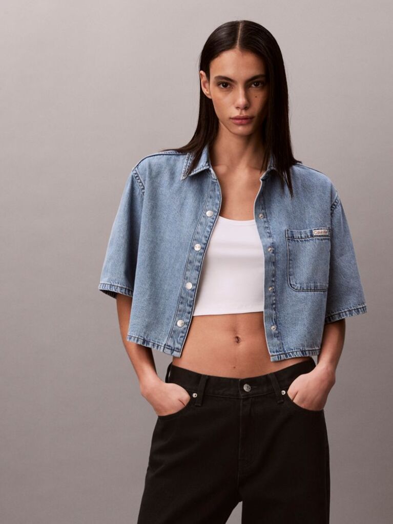 Blue Boxy Cropped Denim Shirt Vintage  Women