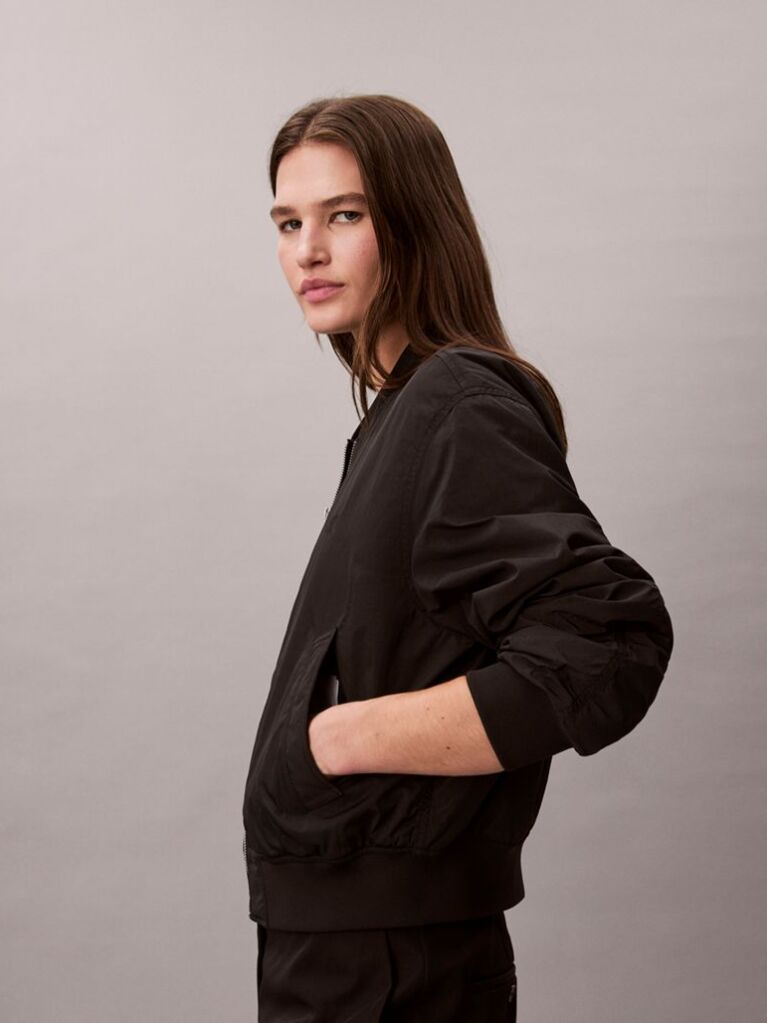 Black Lightly Padded Nylon Bomber Jacket  Women