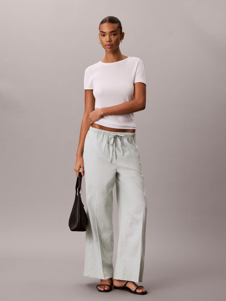 Green Linen Blend Wide Leg Trousers  Women