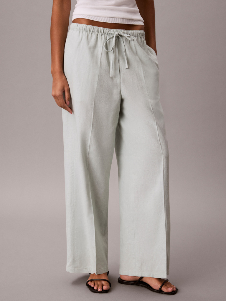 Green Linen Blend Wide Leg Trousers  Women