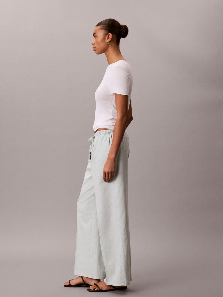 Green Linen Blend Wide Leg Trousers  Women