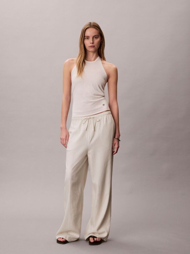 White Linen Blend Wide Leg Trousers  Women