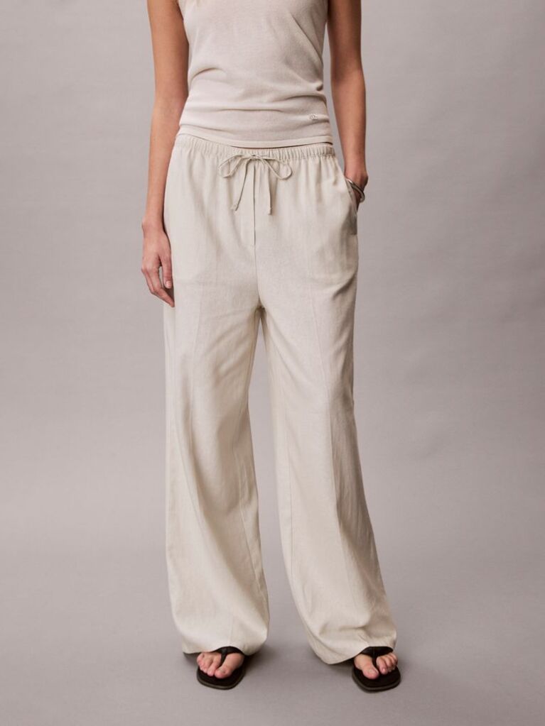 White Linen Blend Wide Leg Trousers  Women