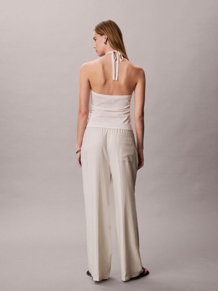White Linen Blend Wide Leg Trousers  Women