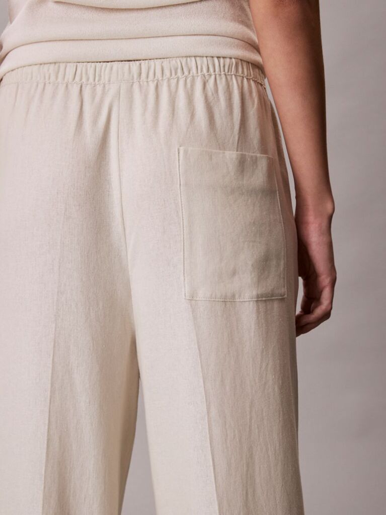 White Linen Blend Wide Leg Trousers  Women